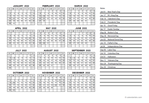 2022 Yearly Calendar PDF Free Printable Templates