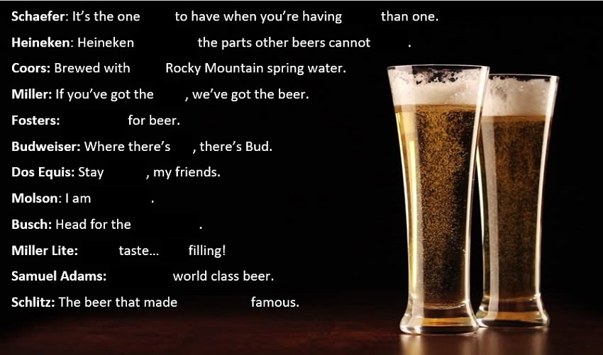 Click in the Blank Beer Slogans Quiz By KStericker