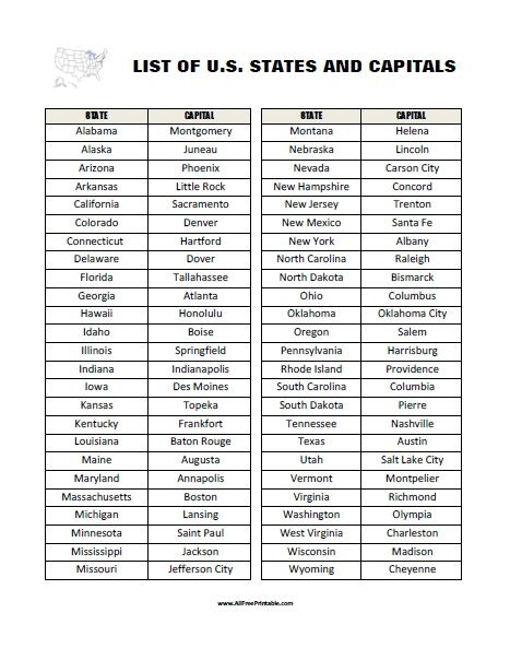 Free Printable List Of US States And Capitals Free Printable List Of 
