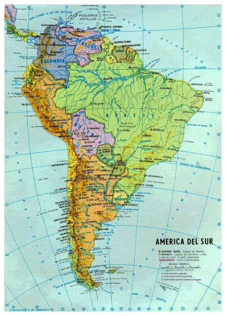 Large Political And Hydrographic Map Of South America With Major Cities 