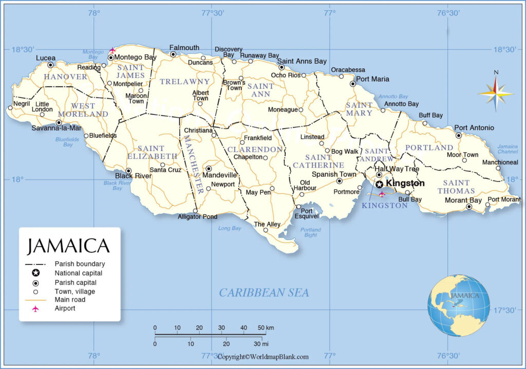 Labeled Map Of Jamaica With States Capital Cities